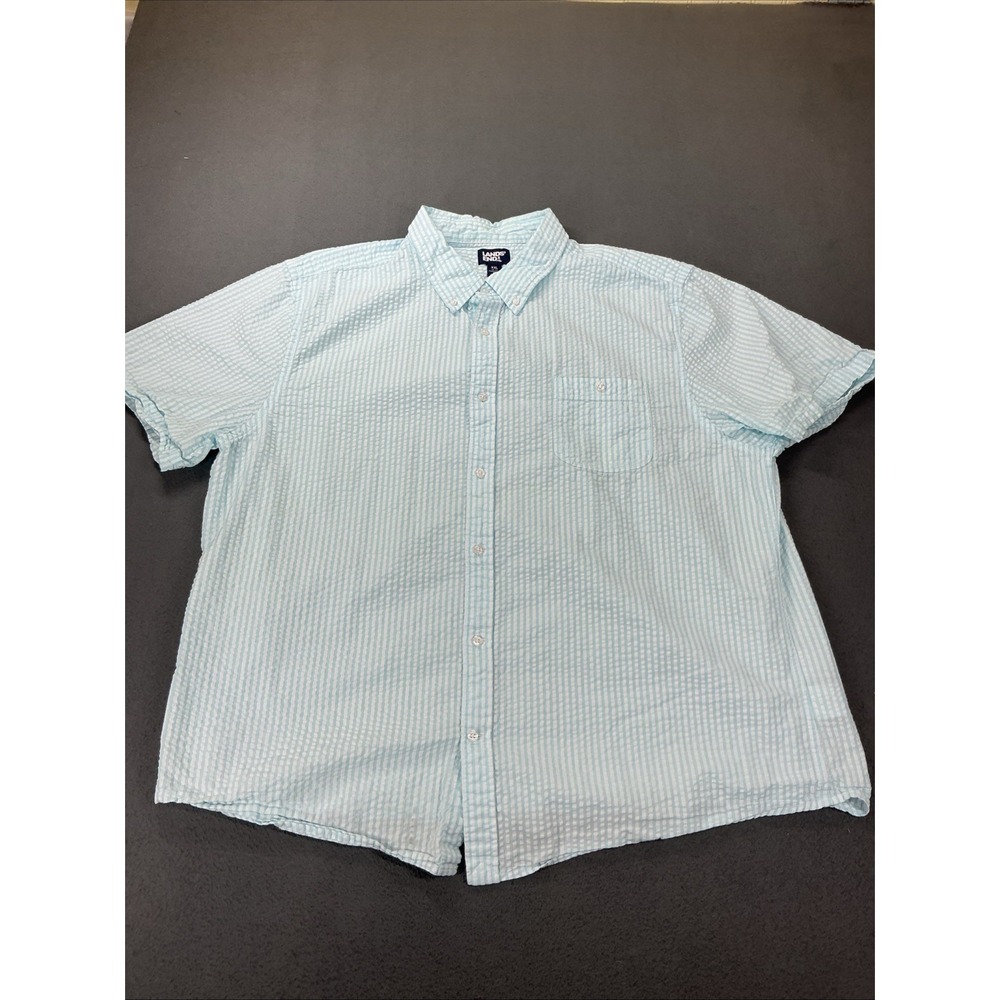 Lands' End Shirt Mens 2XL Light Blue Striped Seersucker Cotton Button Up Summer